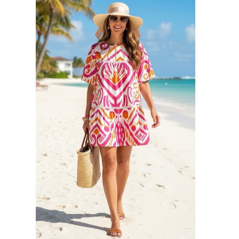 Sheridan French Embellished Short Sleeve Crew Neck Tiered Mini Dress Pink Small